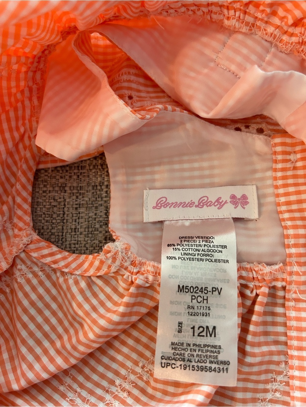 Bonnie Baby Peach Gingham Eyelet Sundress with Rosette. Size 12M - Picture 5 of 6